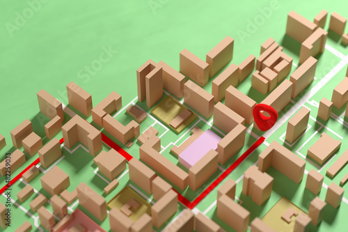Waypoint on an abstract city map. GPS navigation in the city. 3d render.