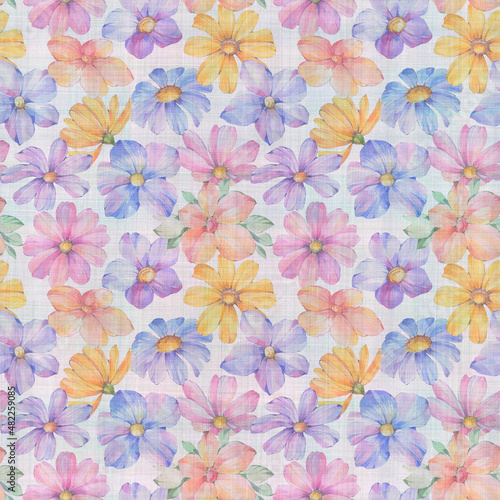 Seamless botanical ornament from watercolor flowers  digitally processed. Abstract floral pattern. Art background for design  print  wallpaper  wrapping paper.