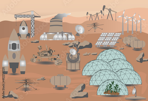 Mars colonization concept.  Expedition colonization complex. Rockets, electrostation, residential infrastructure. Vector illustration. 