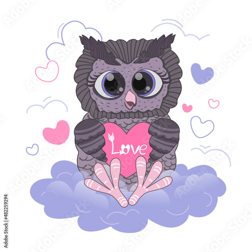 Valentine s day card in cartoon style. An owl is drawn on a cloud  she holds a heart  inside it is written - Love  hearts are drawn around. Stock vector illustration isolated on white background