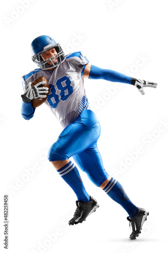American football sportsman in action and motion. Sport. Running athlete. Isolated on white background