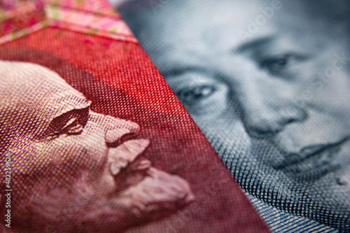 Close-up of a Chinese yuan and a Russian ruble banknote photo