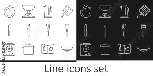 Set line Kitchen colander, Spatula, Kettle with handle, Knife, Bread knife, timer, Barbecue fork and Electronic scales icon. Vector