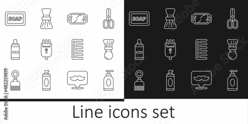 Set line Cream or lotion cosmetic tube, Shaving brush, Hand mirror, Electrical hair clipper shaver, gel foam, Bar of soap with, Hairbrush and icon. Vector