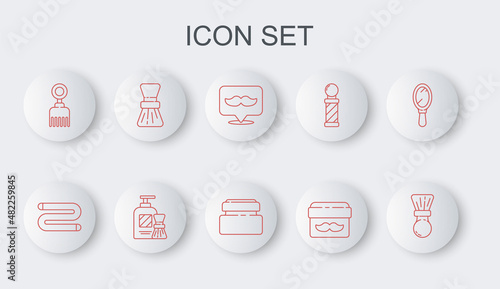 Set line Shaving brush, Towel, Barbershop, Cream or lotion cosmetic jar, Hairbrush, gel foam and and tube icon. Vector