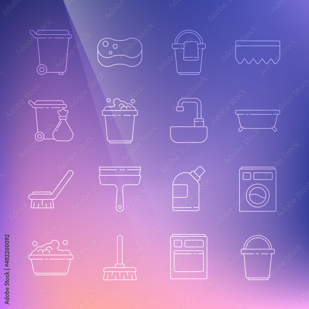 Set line Bucket, Washer, Bathtub, with rag, soap suds, Trash can and garbage bag, and Washbasin water tap icon. Vector Set line Bucket, Washer, Bathtub, with rag, soap suds, Trash can and garbage bag, and Washbasin water tap icon. Vector