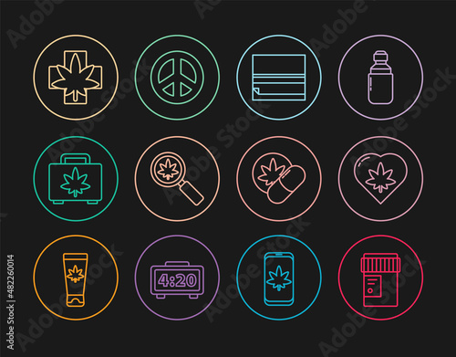 Set line Medical bottle with cannabis, Marijuana leaf in heart, Rolling paper, Magnifying glass and marijuana, Shopping box of, or, Herbal ecstasy tablets and Peace icon. Vector