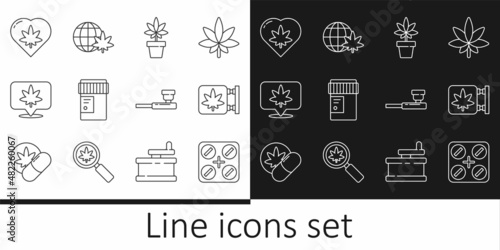 Set line Medical pills with marijuana, Marijuana and cannabis store, plant, bottle, Location, leaf in heart, Smoking pipe and Legalize globe icon. Vector