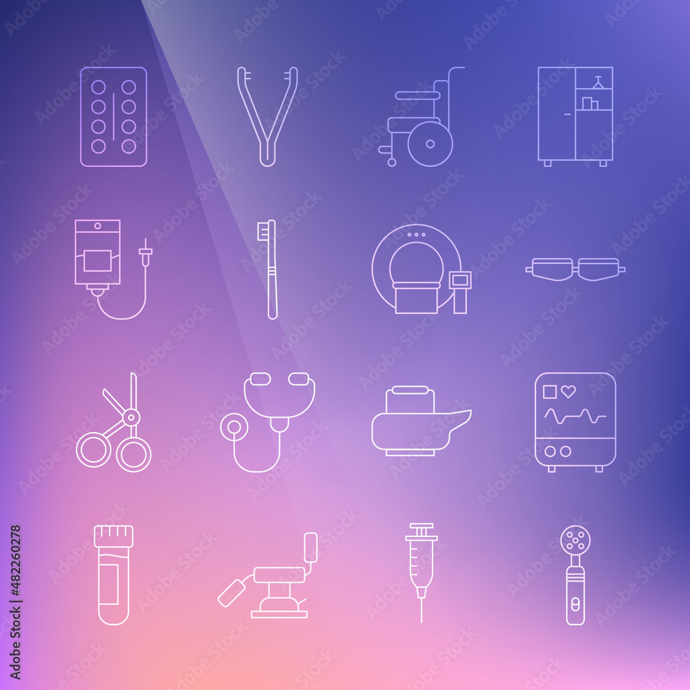 Set line Electric toothbrush, Monitor with cardiogram, Safety goggle glasses, Wheelchair for disabled person, Toothbrush, IV bag, Pills in blister pack and Tomography icon. Vector Set line Electric toothbrush, Monitor with cardiogram, Safety goggle glasses, Wheelchair for disabled person, Toothbrush, IV bag, Pills in blister pack and Tomography icon. Vector