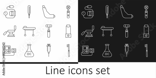 Set line Toothbrush, Inhaler, Stretcher, Medical dental chair, Blood pressure, Neurology reflex hammer and thermometer icon. Vector