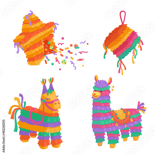 Set of colorful Mexican piñatas in the form of a donkey, a llama, a cube and a broken star with flying sweets. Cartoon vector graphics.