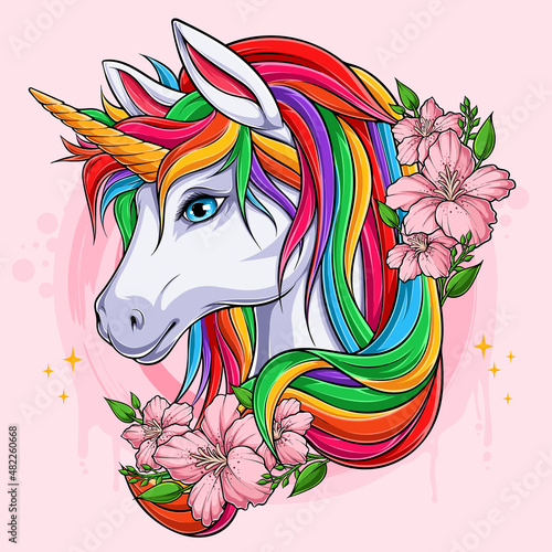 Pretty unicorn head fantasy character with pink flowers and colored hairstyle