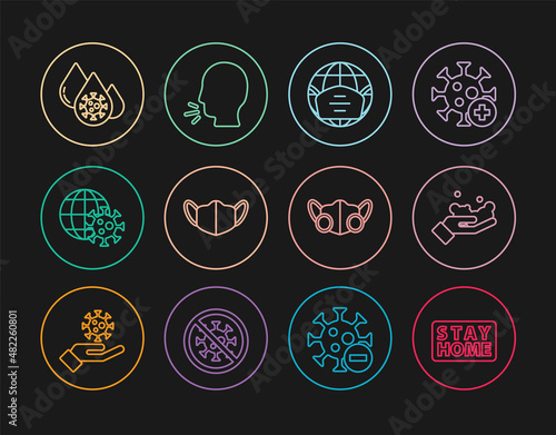 Set line Stay home, Washing hands with soap, Earth medical mask, Medical protective, globe virus, Blood test, and Man coughing icon. Vector
