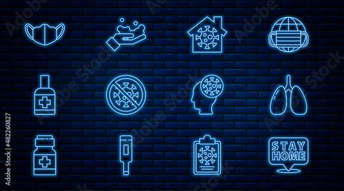 Set line Stay home, Lungs, Stop virus, Liquid antibacterial soap, Medical protective mask, Human and and Washing hands with icon. Vector