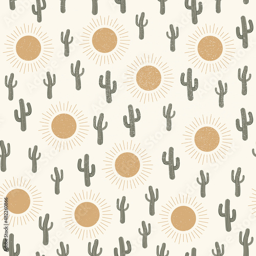 Seamless textured pattern vector summer cactus on desert with sun for fashion fabric and prints