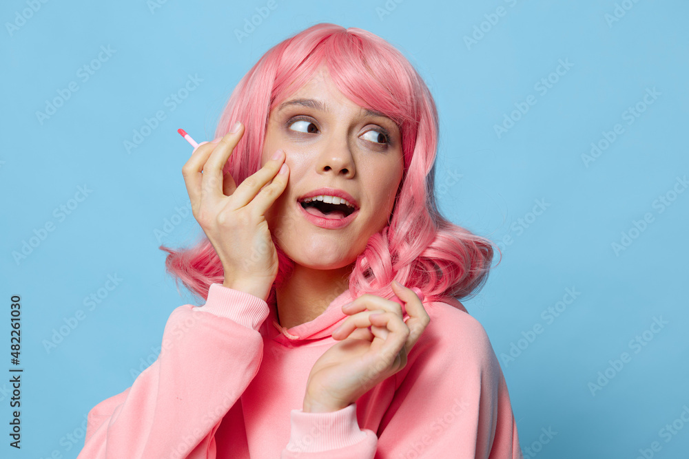beautiful woman lip gloss makeup pink hair Lifestyle fashion beautiful woman lip gloss makeup pink hair Lifestyle fashion
