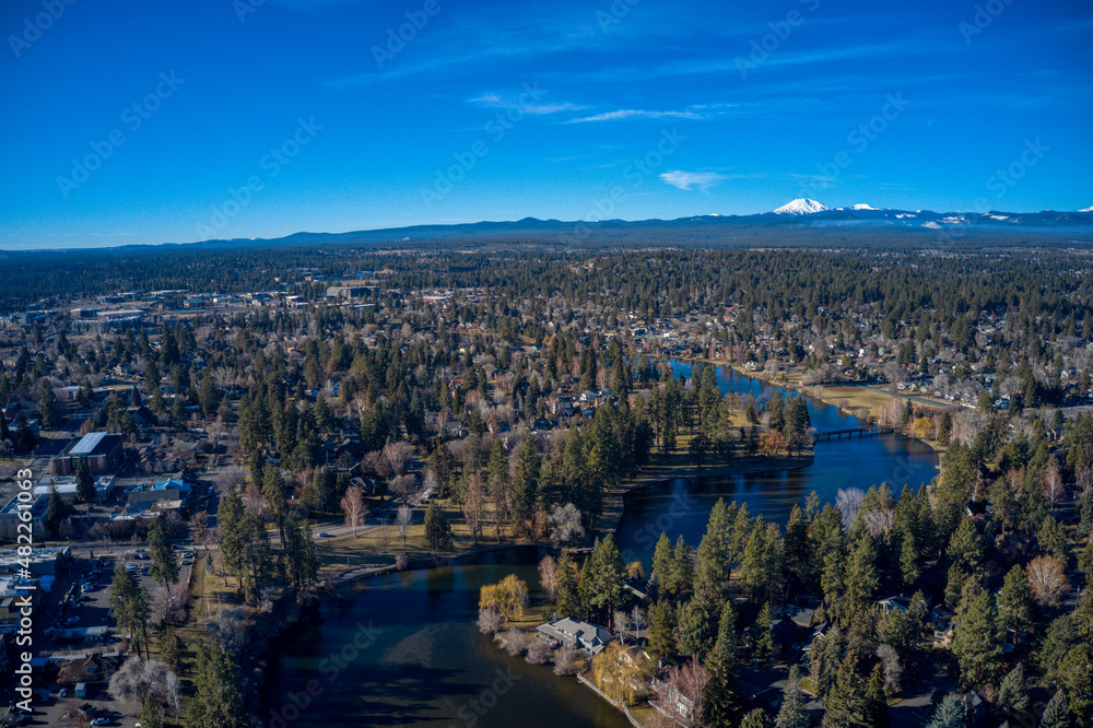 Aerial view of Mirror Pond, Drake Park and Mount Bachelor in Bend, Oregon.