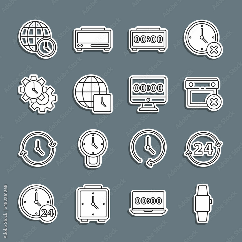 Set line Smartwatch, Clock 24 hours, Calendar date delete, Digital alarm clock, World time, Time Management, and on monitor icon. Vector Set line Smartwatch, Clock 24 hours, Calendar date delete, Digital alarm clock, World time, Time Management, and on monitor icon. Vector