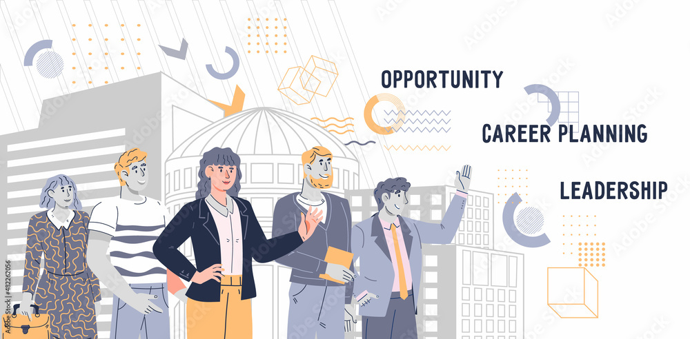 Website banner for business thematic of career planning and leadership, flat cartoon vector illustration. Website interface with confident business people team. Website banner for business thematic of career planning and leadership, flat cartoon vector illustration. Website interface with confident business people team.