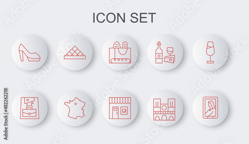 Set line Portrait in museum, Handbag, French baguette bread, Notre Dame, Woman shoe, Louvre, Map of France and Coffee shop icon. Vector