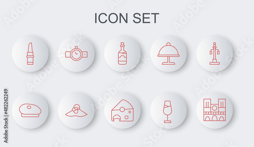 Set line Notre Dame, French beret, Bottles of wine, Wine glass, Lipstick, Wrist watch, Elegant women hat and Cheese icon. Vector