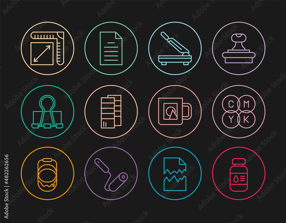 Set line Printer ink bottle, CMYK color mixing, Paper cutter, Pantone, Binder clip, size, Coffee cup and File document icon. Vector Set line Printer ink bottle, CMYK color mixing, Paper cutter, Pantone, Binder clip, size, Coffee cup and File document icon. Vector