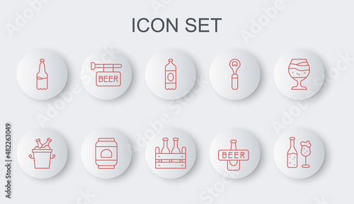 Set line Beer bottle and glass, bottles in ice bucket, Plastic beer, Street signboard with, can and Pack of icon. Vector