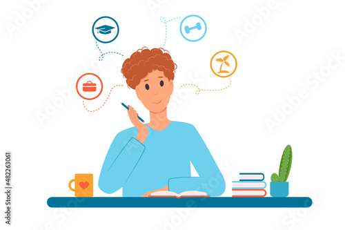 New years resolution and goals infographic. Young man sets the goals for new year concept. Colorful, modern vector illustration in flat style.