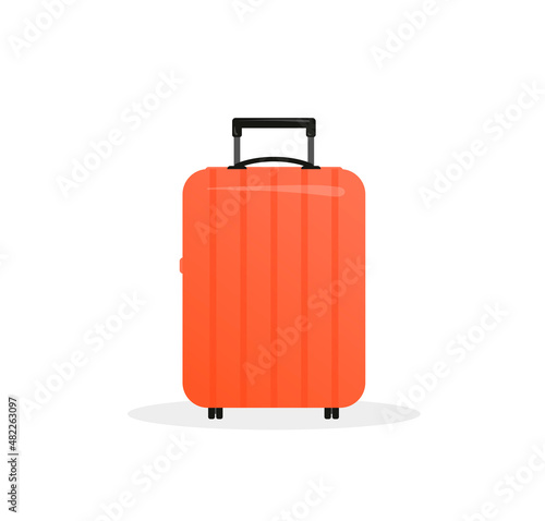 Red plastic travel suitcase in flat style isolated on white. Coral travel bag.