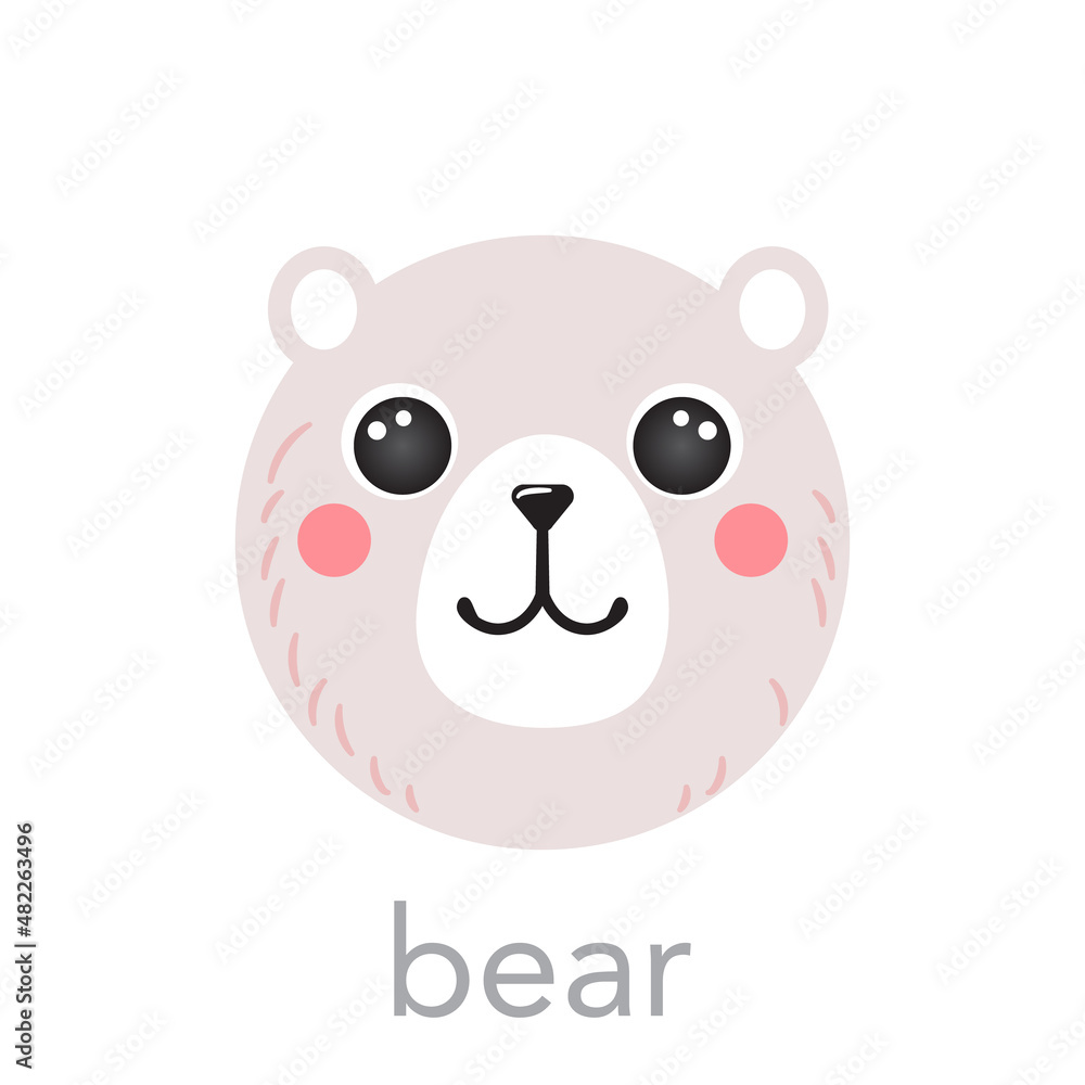Bear polar Cute portrait with name text smile head cartoon round shape animal face, isolated vector icon illustration. Flat simple hand drawn for mobile app avatar, kids cards, t-shirts, baby clothes