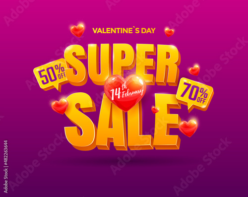 Valentines Day super sale 3d typography poster design. Vector illustration.