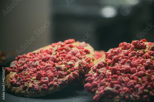 Closeup picture of traditional pink praline brioche (Brioches aux Pralines Roses) pastry from Lyons France 