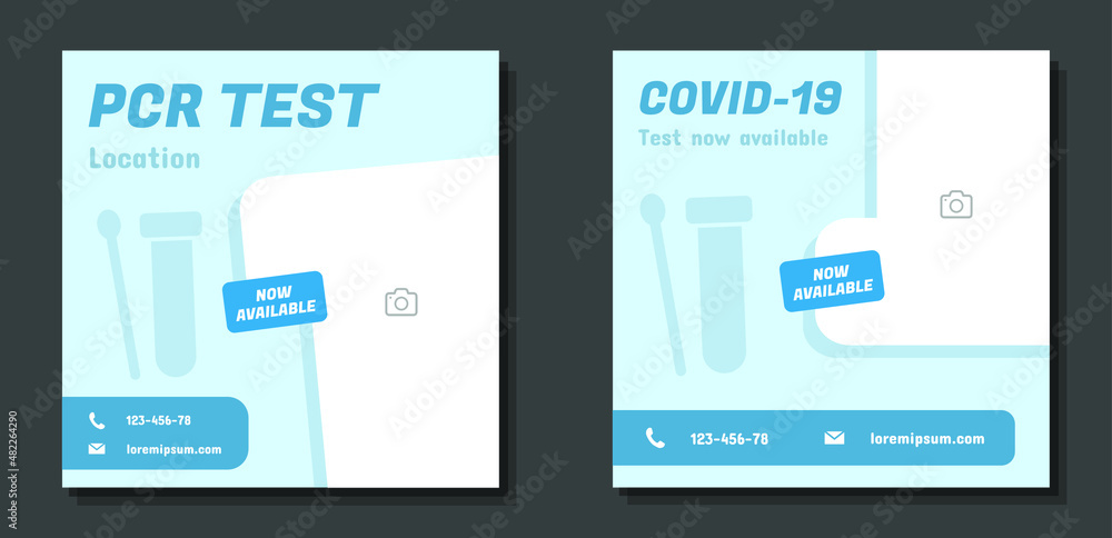 COVID-19 PCR test social media banner set, corona virus swab advertisement, pandemic laboratory rapid test abstract square ad, stop the spread flyer leaflet industrial concept, isolated