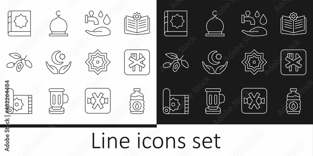 Set line Bottle of water, Ramadan fasting, Wudhu, Star and crescent, Date fruit, Holy book Koran, Octagonal star and Muslim Mosque icon. Vector Set line Bottle of water, Ramadan fasting, Wudhu, Star and crescent, Date fruit, Holy book Koran, Octagonal star and Muslim Mosque icon. Vector