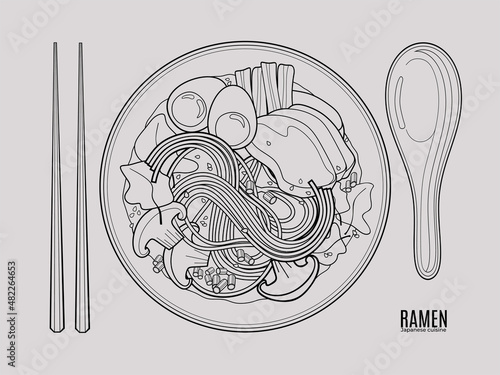 Japanese ramen soup. Top view outline doodle style illustration.