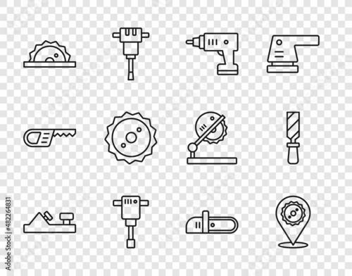 Set line Wood plane tool, Circular saw blade, Electric cordless screwdriver, Construction jackhammer, circular, Chainsaw and Rasp metal file icon. Vector