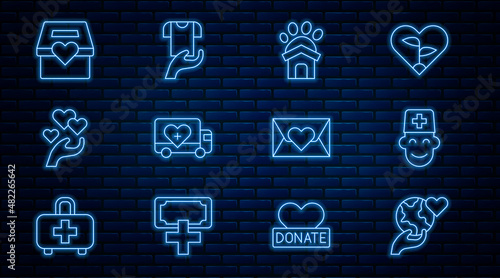 Set line Hand holding Earth globe, Male doctor, Animal shelter house, Humanitarian truck, Heart hand, Donation charity, Envelope with heart and Clothes donation icon. Vector
