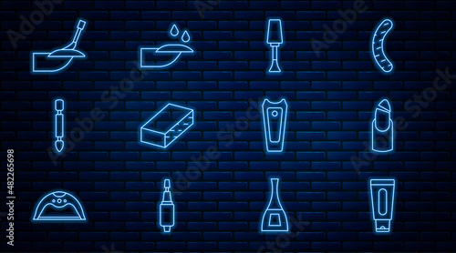 Set line Tube of hand cream, Broken nail, Nail polish, file, Cuticle pusher, Manicure, cutter and manicure icon. Vector