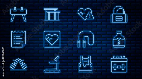 Set line Calendar fitness, Sports nutrition, Heart rate, training program, Pommel horse, Jump rope and Uneven bars icon. Vector