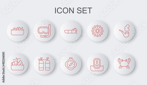 Set line Crab, Sinking cruise ship, Inflatable boat with motor, Location anchor, Sharp stone reefs, Diving mask and snorkel, Aqualung and Compass icon. Vector