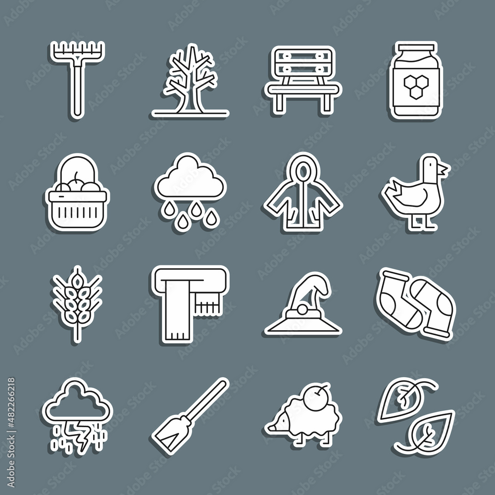 Fototapeta premium Set line Leaf, Socks, Dove, Bench, Cloud with rain, Basket and food, Garden rake and Raincoat icon. Vector