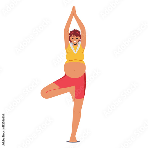Pregnant Woman Stand in Yoga Asana, Fitness and Sport During Pregnancy Concept. Female Character Stretching, Relaxation