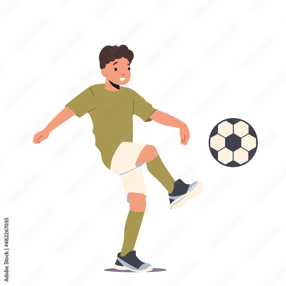 Boy Playing with Soccer Ball, Kid Sports Training, Happy Child Sport Workout, Practicing Healthy Lifestyle Activity