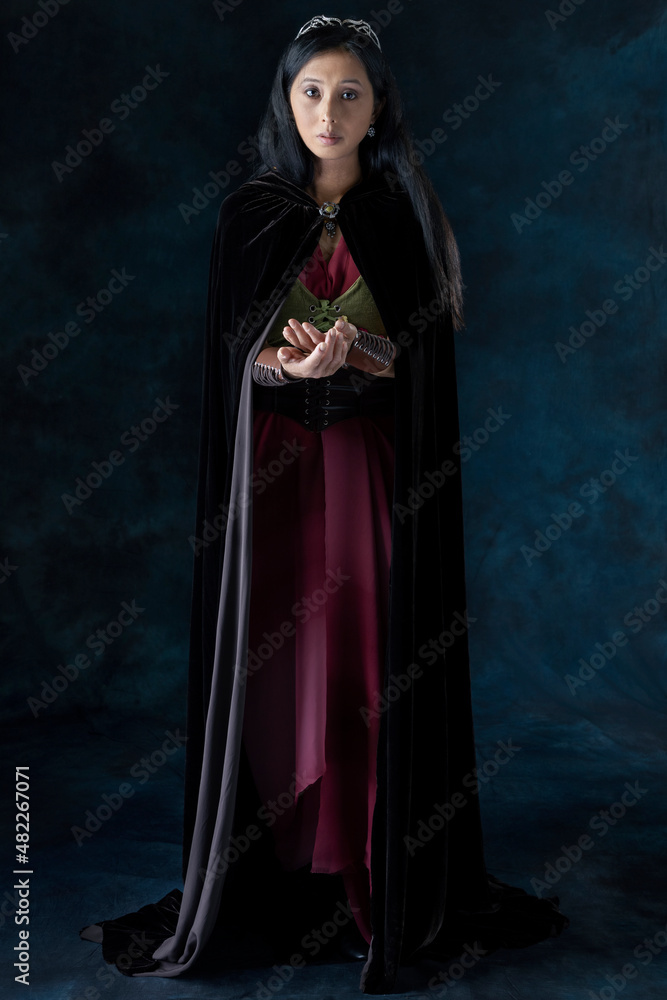 An elf warrior queen wearing a long velvet cloak against a studio backdrop