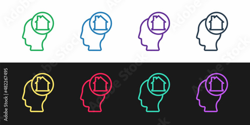 Set line Man dreaming about buying a new house icon isolated on black and white background. Vector