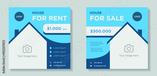 Real estate house social media post banner set, home for sale and rent advertisement concept, blue corporate marketing square ad, flyer, leaflet, isolated