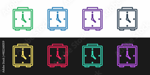 Set line Alarm clock icon isolated on black and white background. Wake up, get up concept. Time sign. Vector