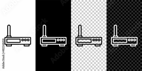 Set line Router and wi-fi signal icon isolated on black and white background. Wireless ethernet modem router. Computer technology internet. Vector