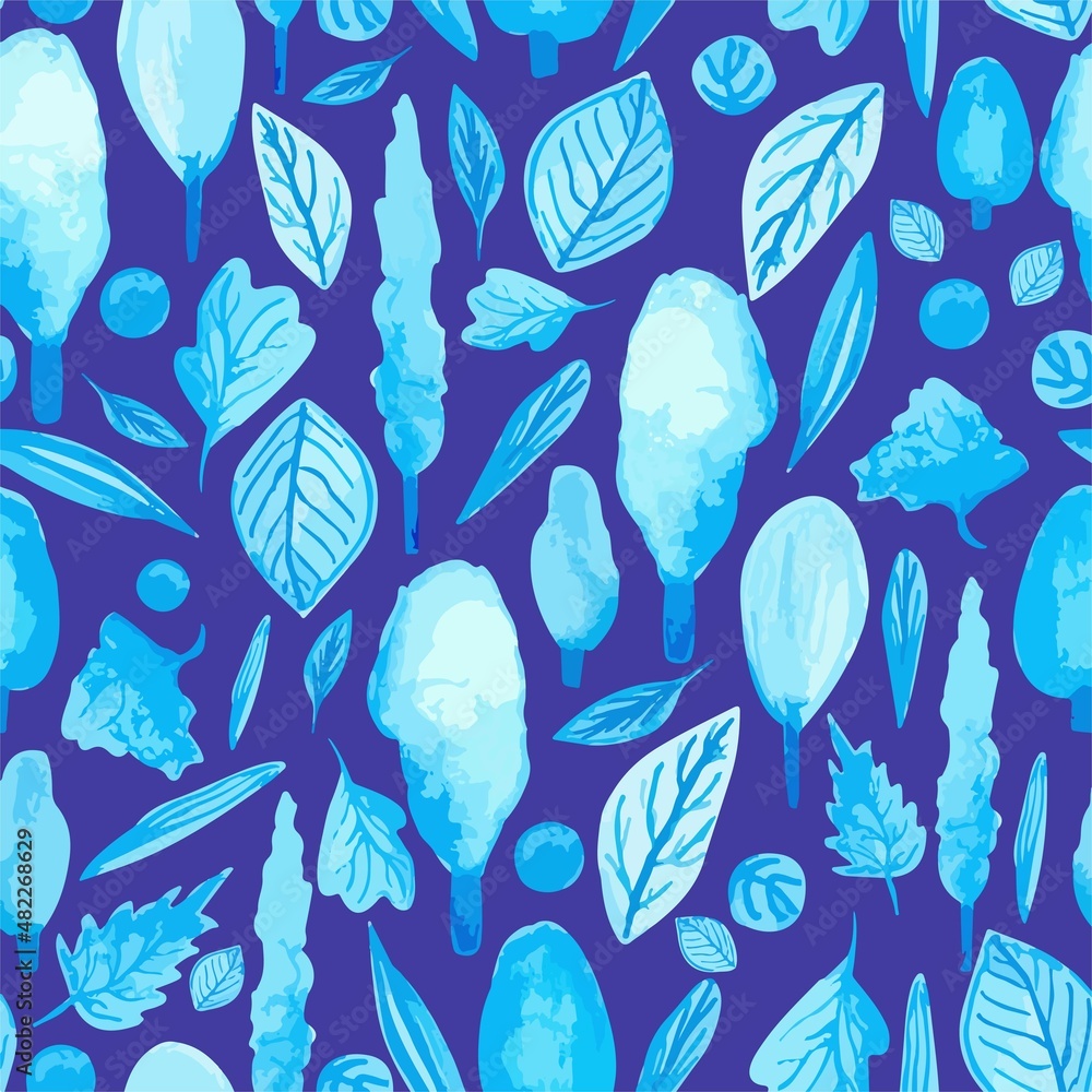 pattern velvety blue forest, soft trees and leaves, on a dark purple background pattern velvety blue forest, soft trees and leaves, on a dark purple background