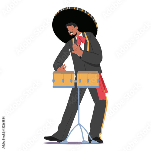 Spanish Mariachi Player in Sombrero Hat and Black National Costume, Street Player Playing Drum, Isolated Latin Performer